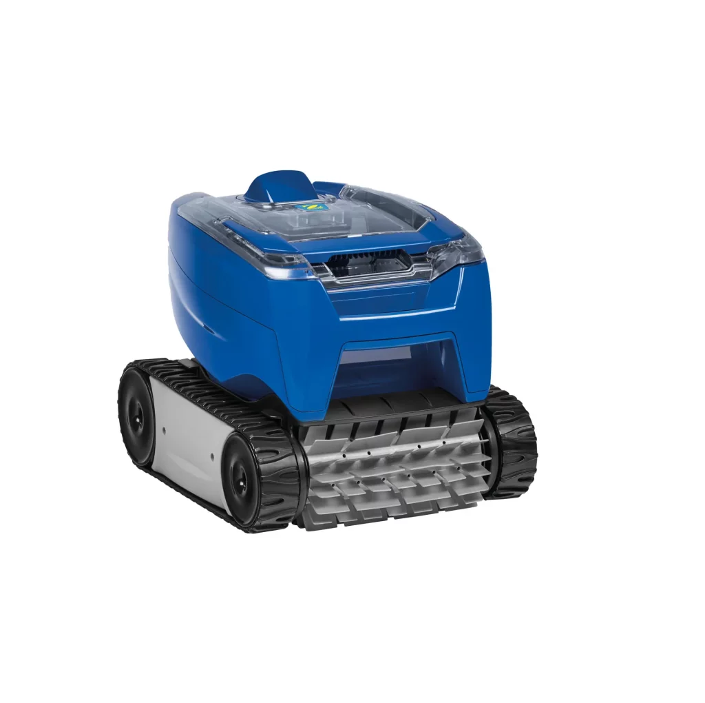 Robot de piscine Zodiac Tornax Pro bleu à chenilles, avec capot transparent et brosse à lamelles