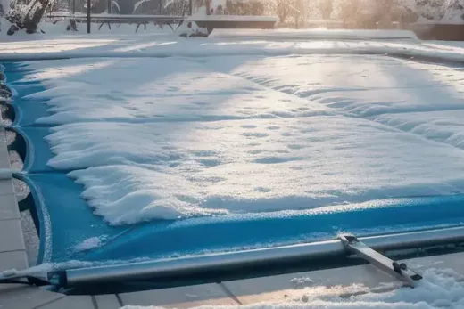 Bâche d'hivernage recouverte de neige protégeant une piscine durant l'hiver